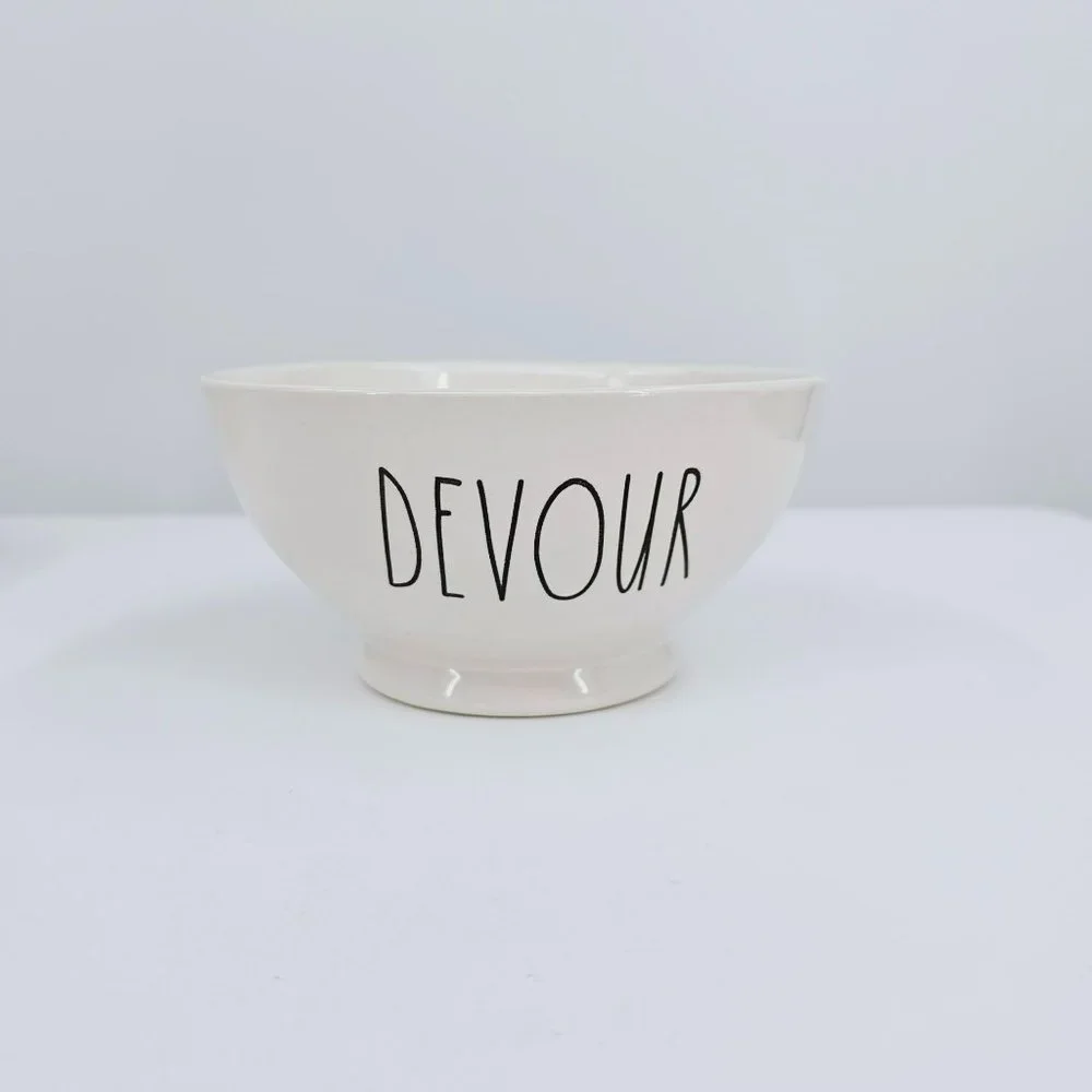 Rae Dunn Bowl Cream Black LL Large Letter DEVOUR Footed Ceramic Farmhouse Dining